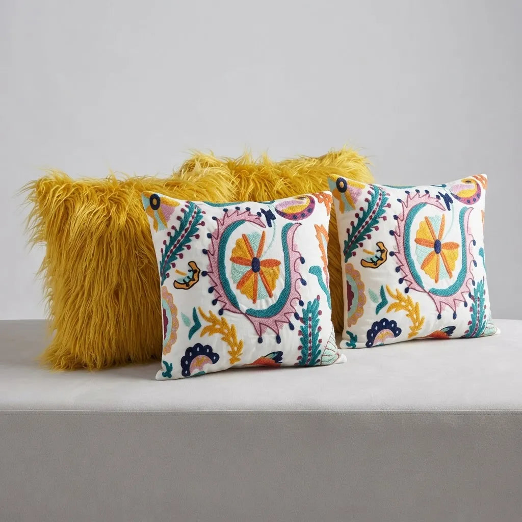 Set de 4 Cojines Decorativos Sol Naciente Mostaza · Bordados y Pelo Largo · 45 × 45 cm