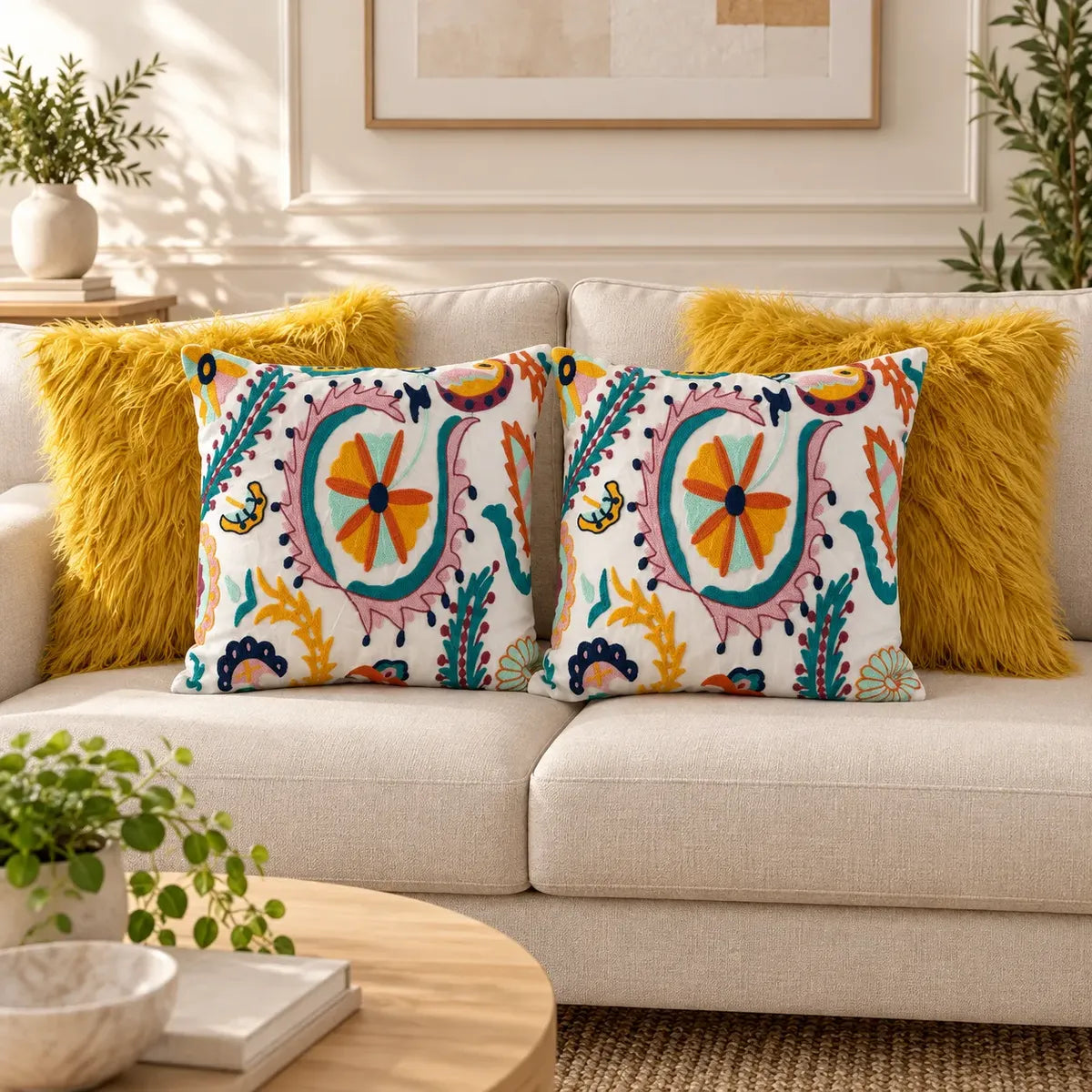 Set de 4 Cojines Decorativos Sol Naciente Mostaza · Bordados y Pelo Largo · 45 × 45 cm
