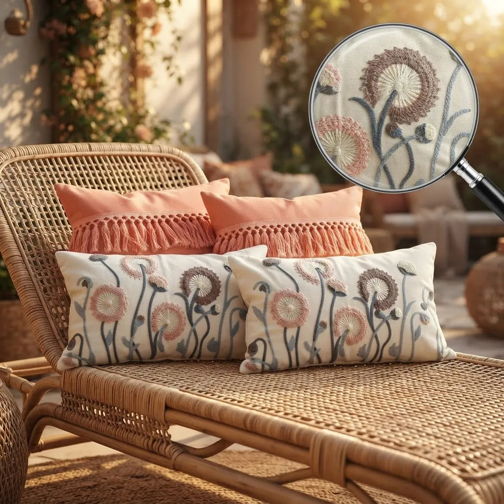 Set de 4 Cojines Jardín Coral Boho | Flecos y Bordados Florales