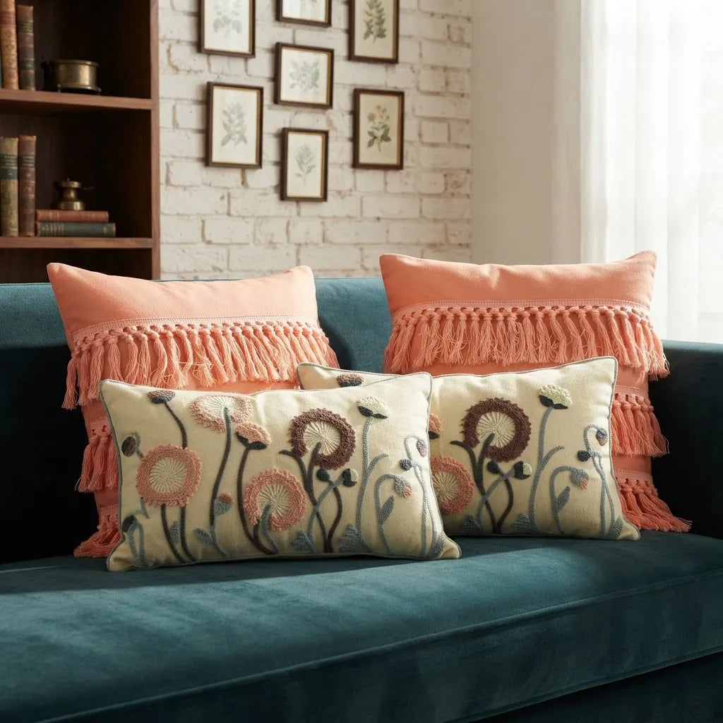 Set de 4 Cojines Jardín Coral Boho | Flecos y Bordados Florales
