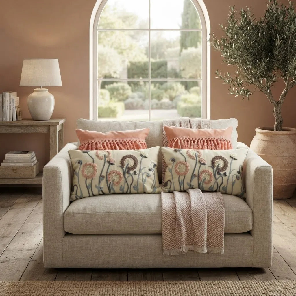 Set de 4 Cojines Jardín Coral Boho | Flecos y Bordados Florales