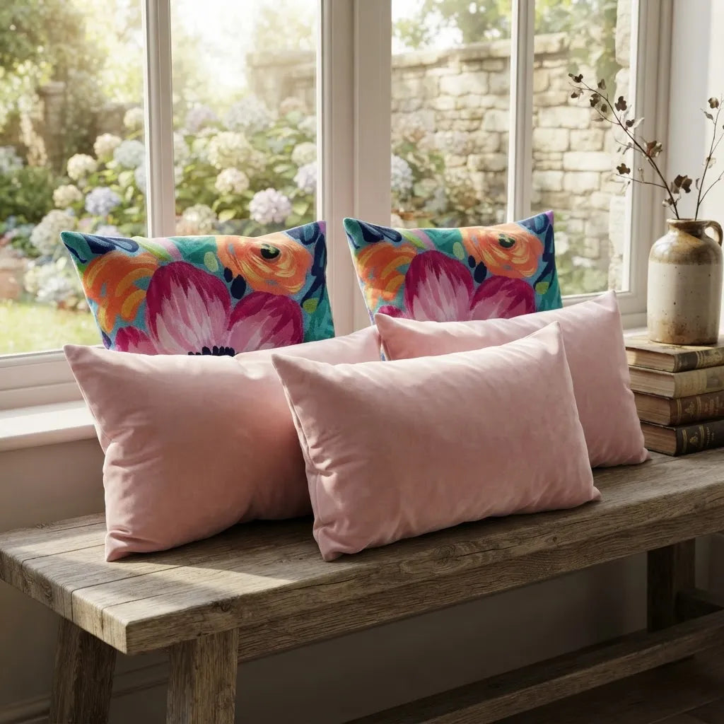 Set de 5 Cojines Jardín Acuarela Rosé · Estampados y Terciopelo
