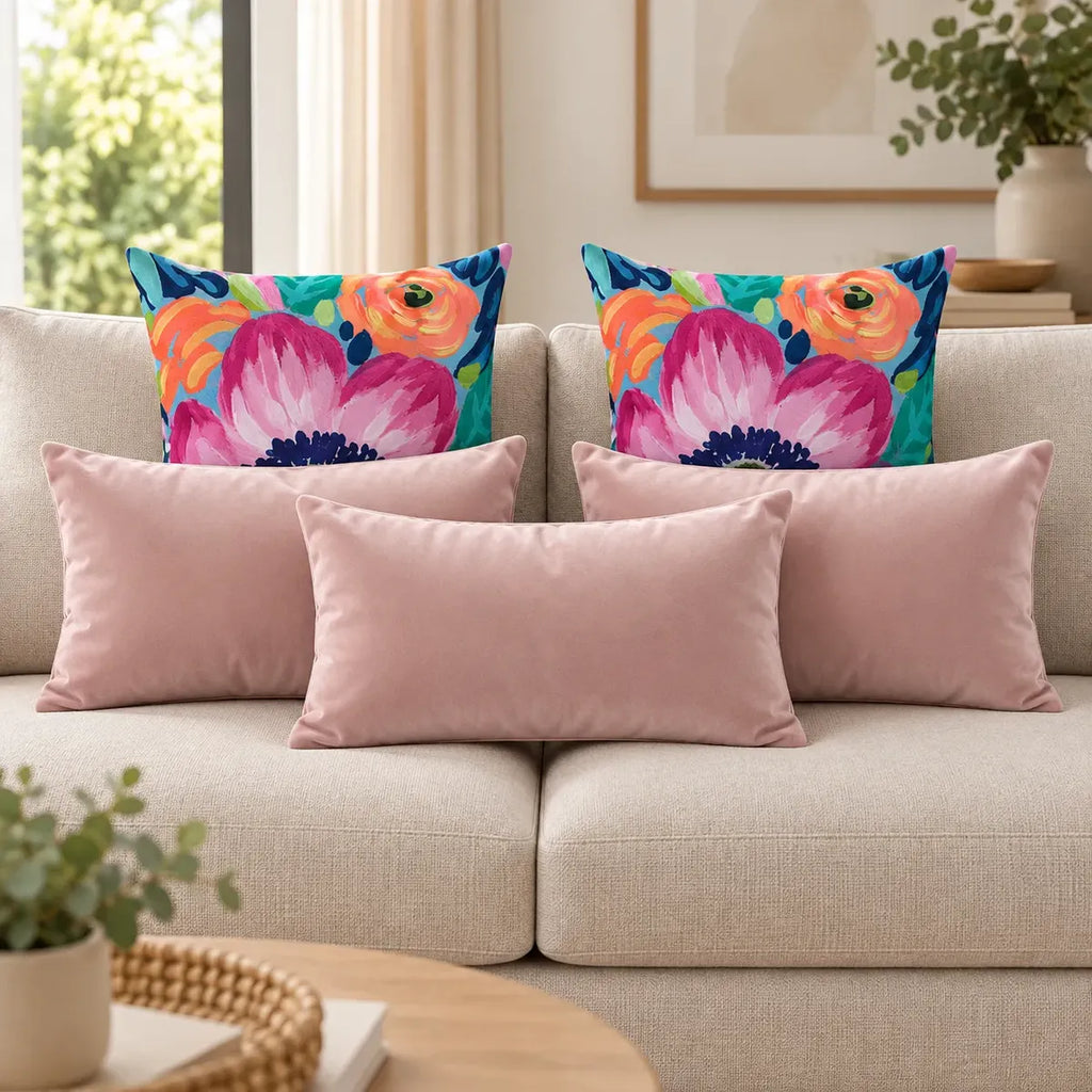Set de 5 Cojines Jardín Acuarela Rosé · Estampados y Terciopelo