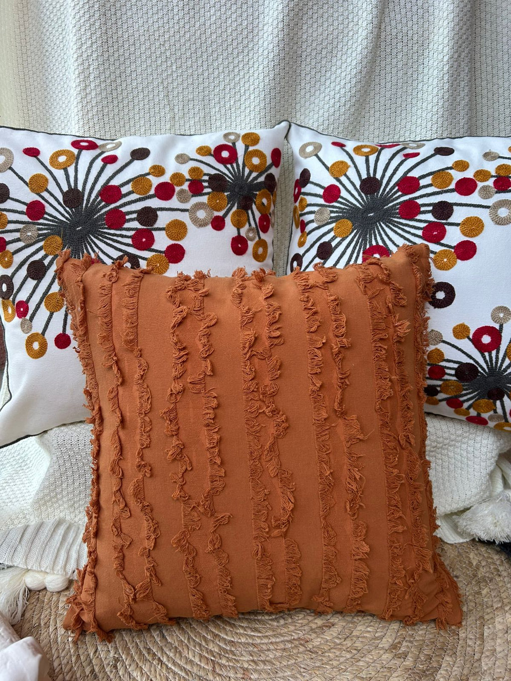 Set de 3 cojines combinados, flequillo terracota  ¡Paga 2, lleva 3!