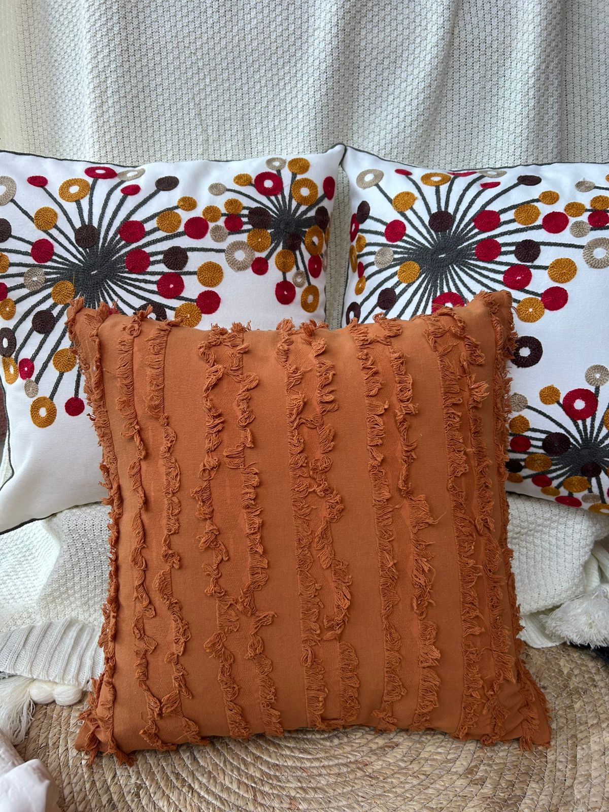 Set de 3 cojines combinados, flequillo terracota  ¡Paga 2, lleva 3!