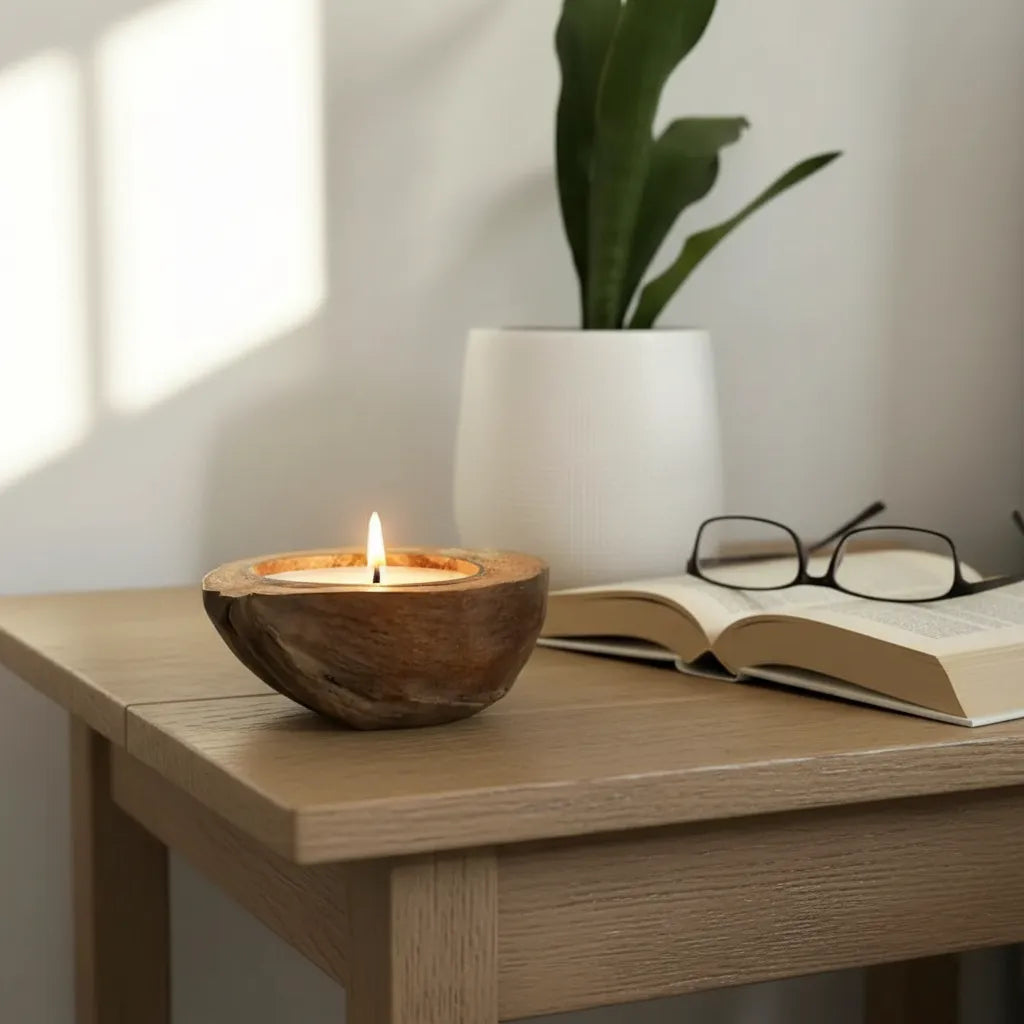 Vela Aromática en Coco  con Mecha de Madera – 17 cm