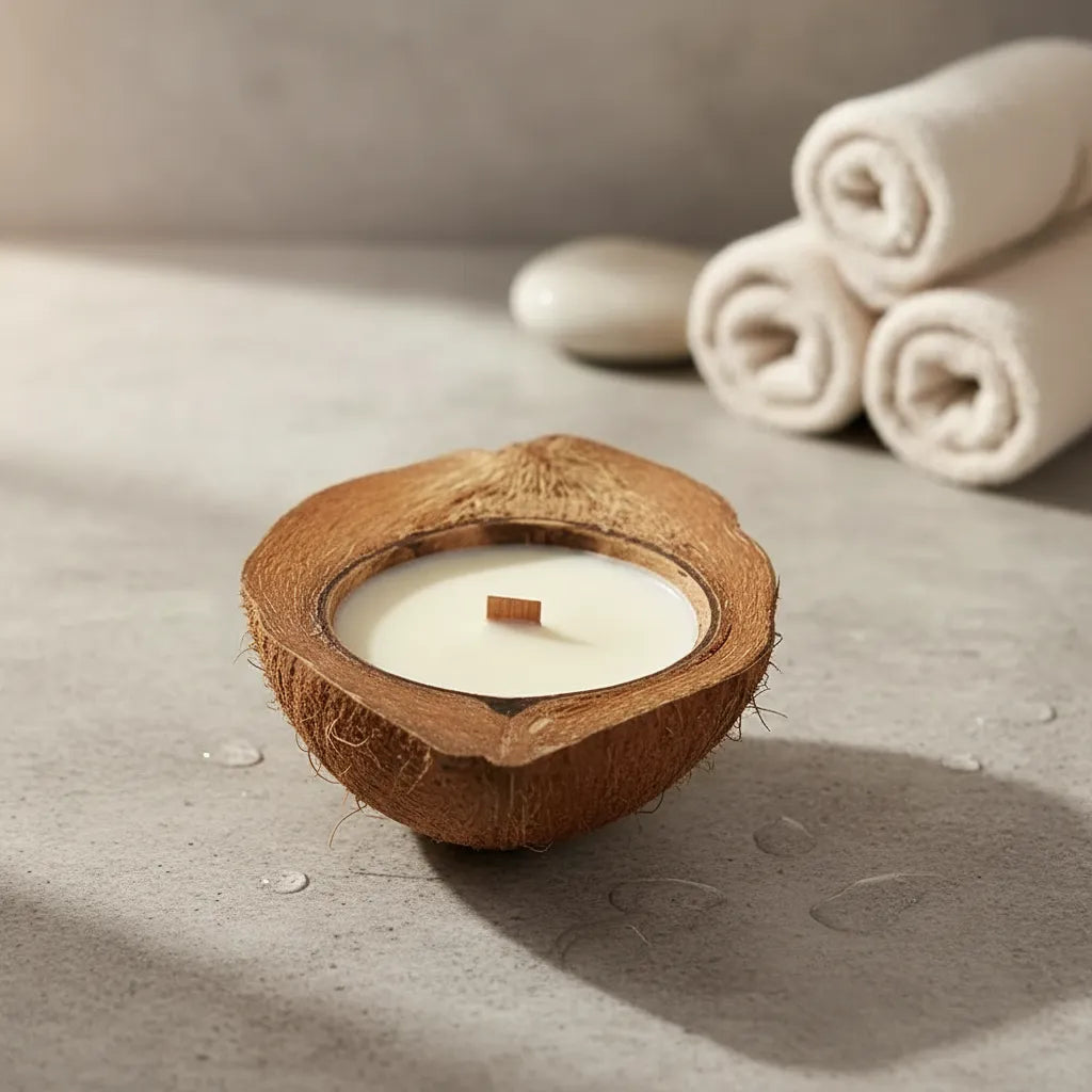 Vela Aromática en Coco  con Mecha de Madera – 17 cm