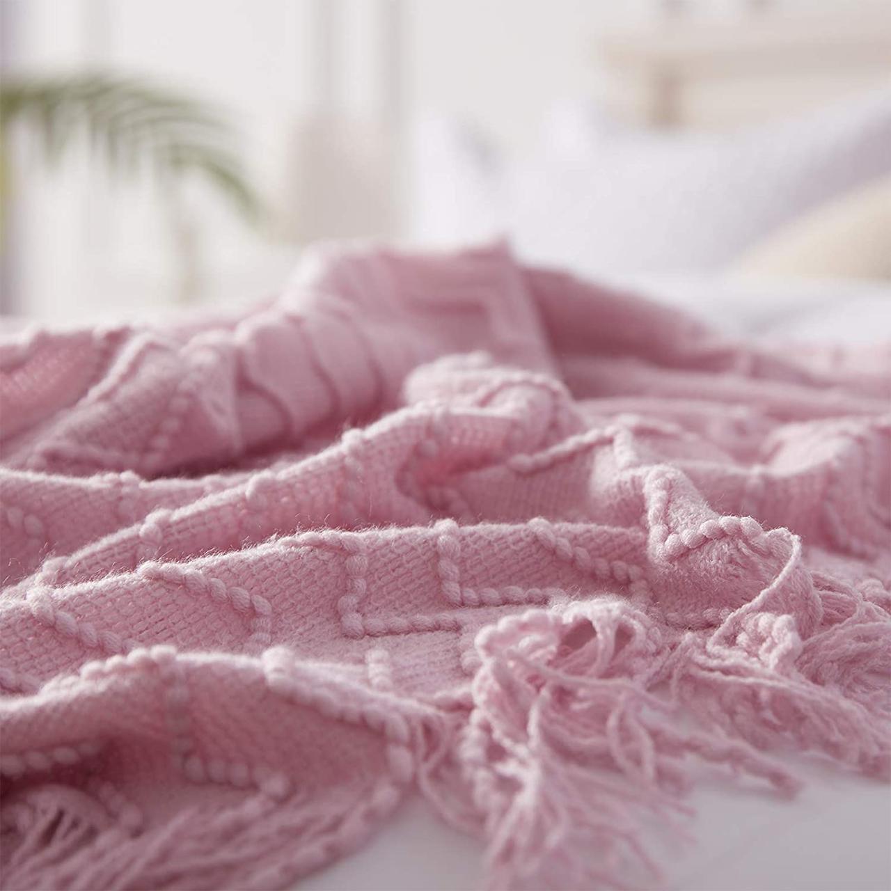 Mantas tejidas con flecos rosada, para 1.5 y 2 plazas