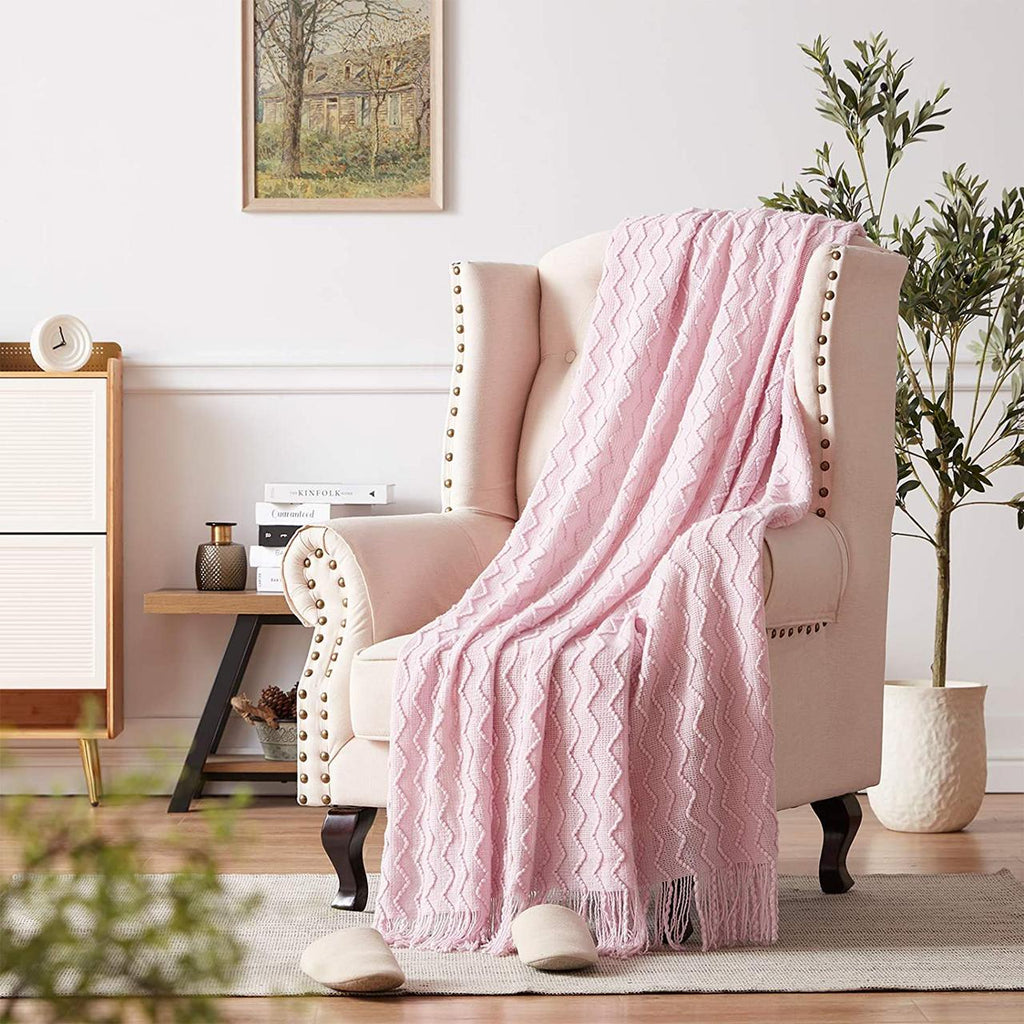 Mantas tejidas con flecos rosada, para 1.5 y 2 plazas