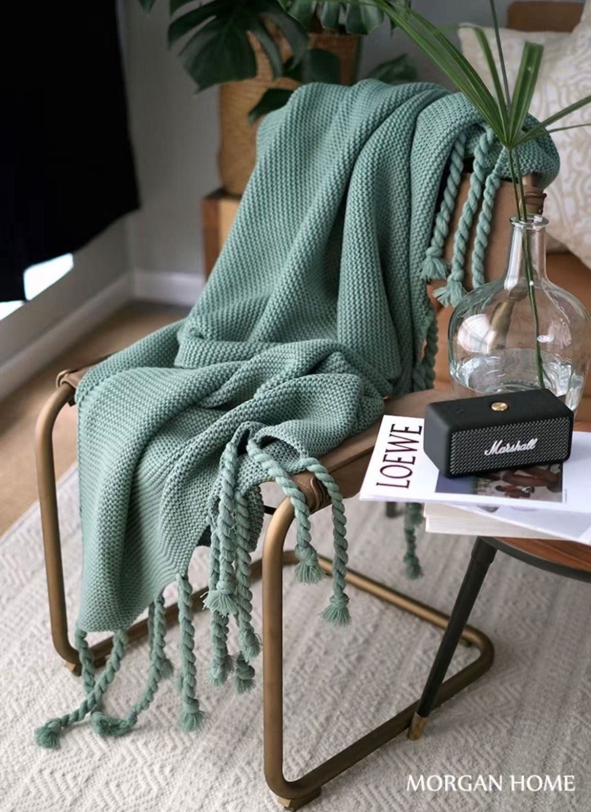 Manta Chenille Premium con Flecos de Soga – 130 x 180 cm, color verde agua