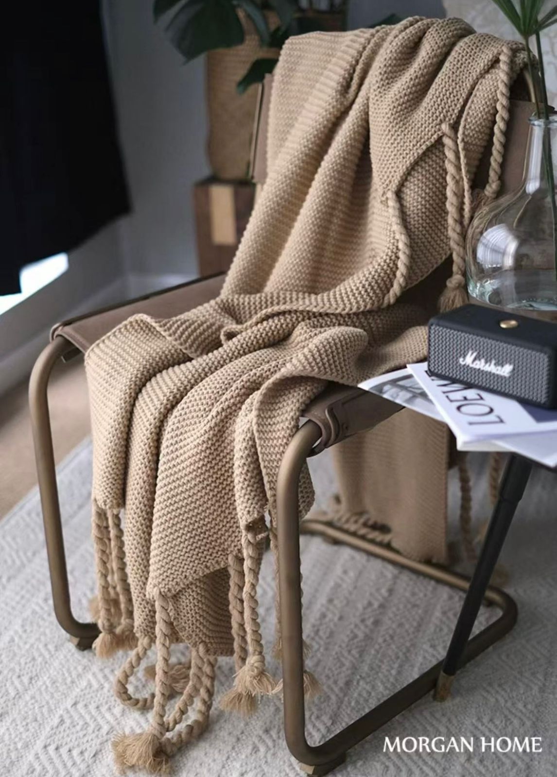 Manta Chenille Premium con Flecos de Soga – 130 x 180 cm, color beige.