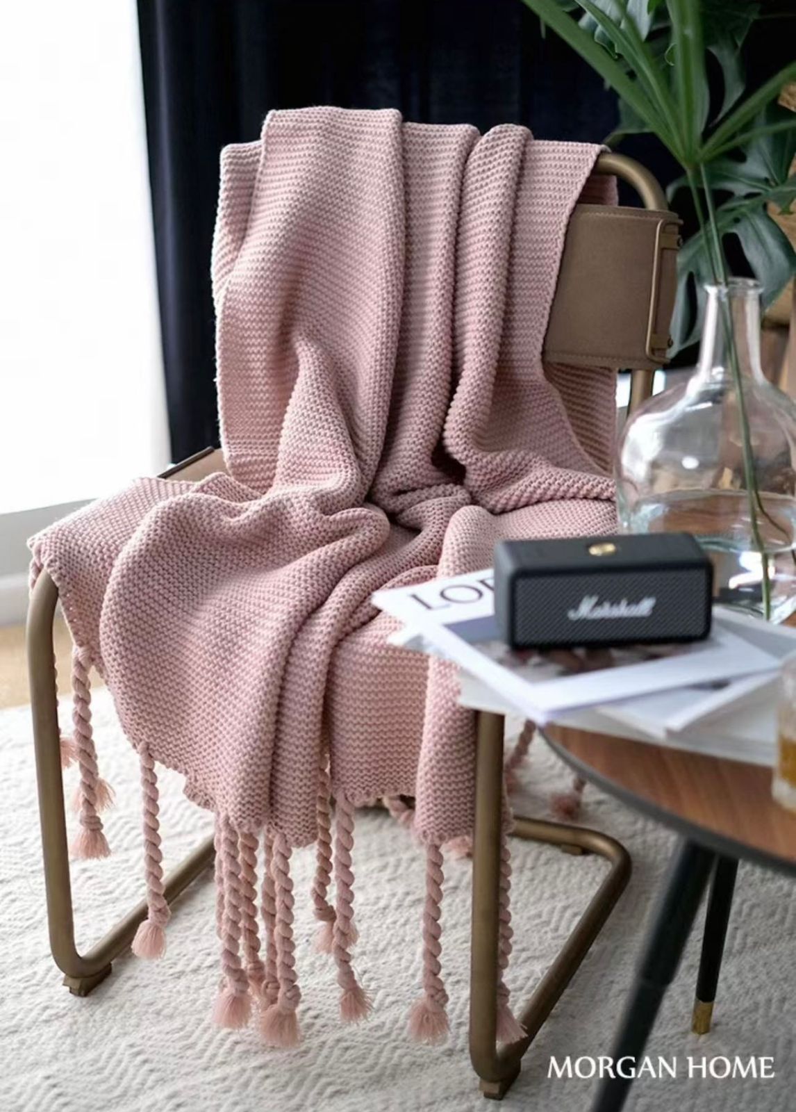 Manta Chenille Premium con Flecos de Soga – 130 x 180 cm, color rosa