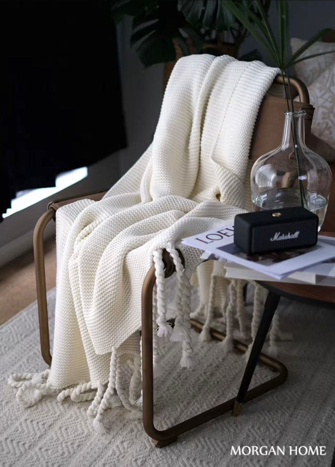 Manta Chenille Premium con Flecos de Soga – 130 x 180 cm, color blanco invierno.