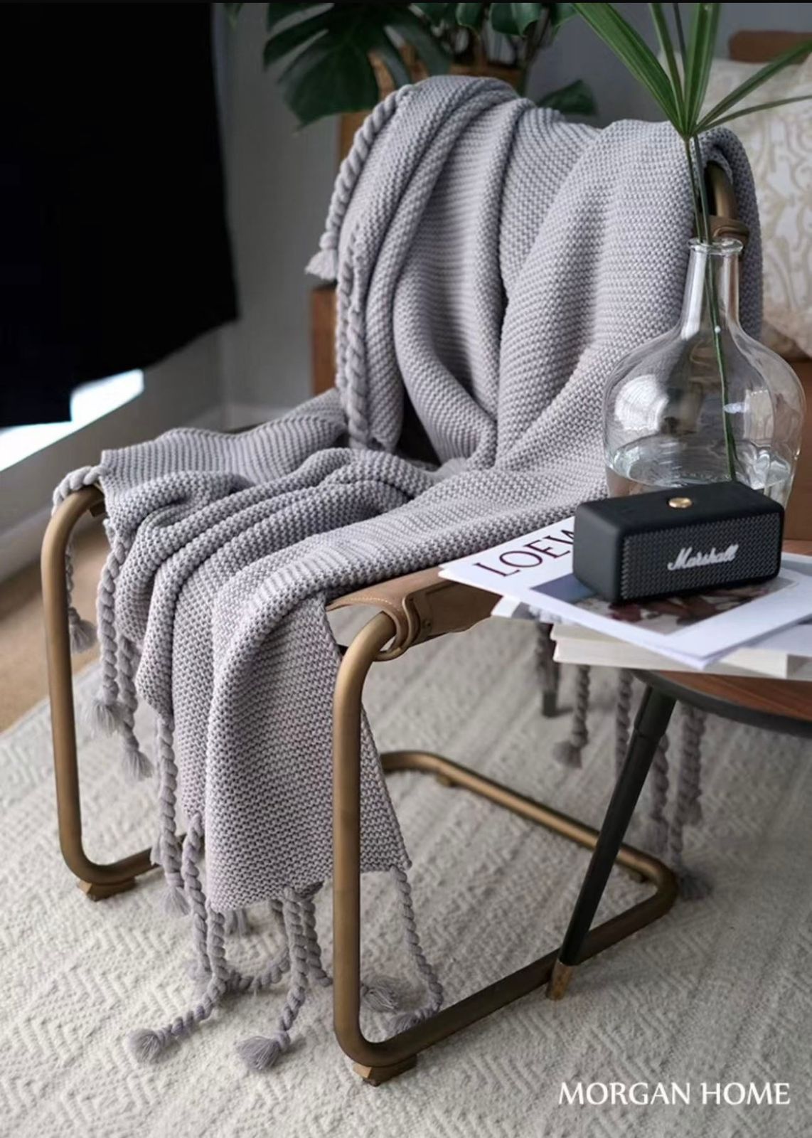 Manta Chenille Premium con Flecos de Soga – 130 x 180 cm, color gris.