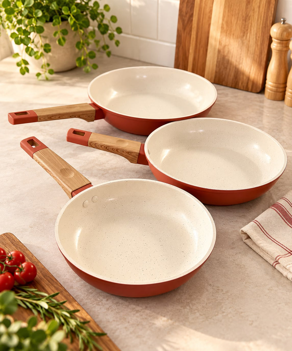 Set de 3 Sartenes Antiadherentes Cerámicos 20, 24 y 28 cm Terracota