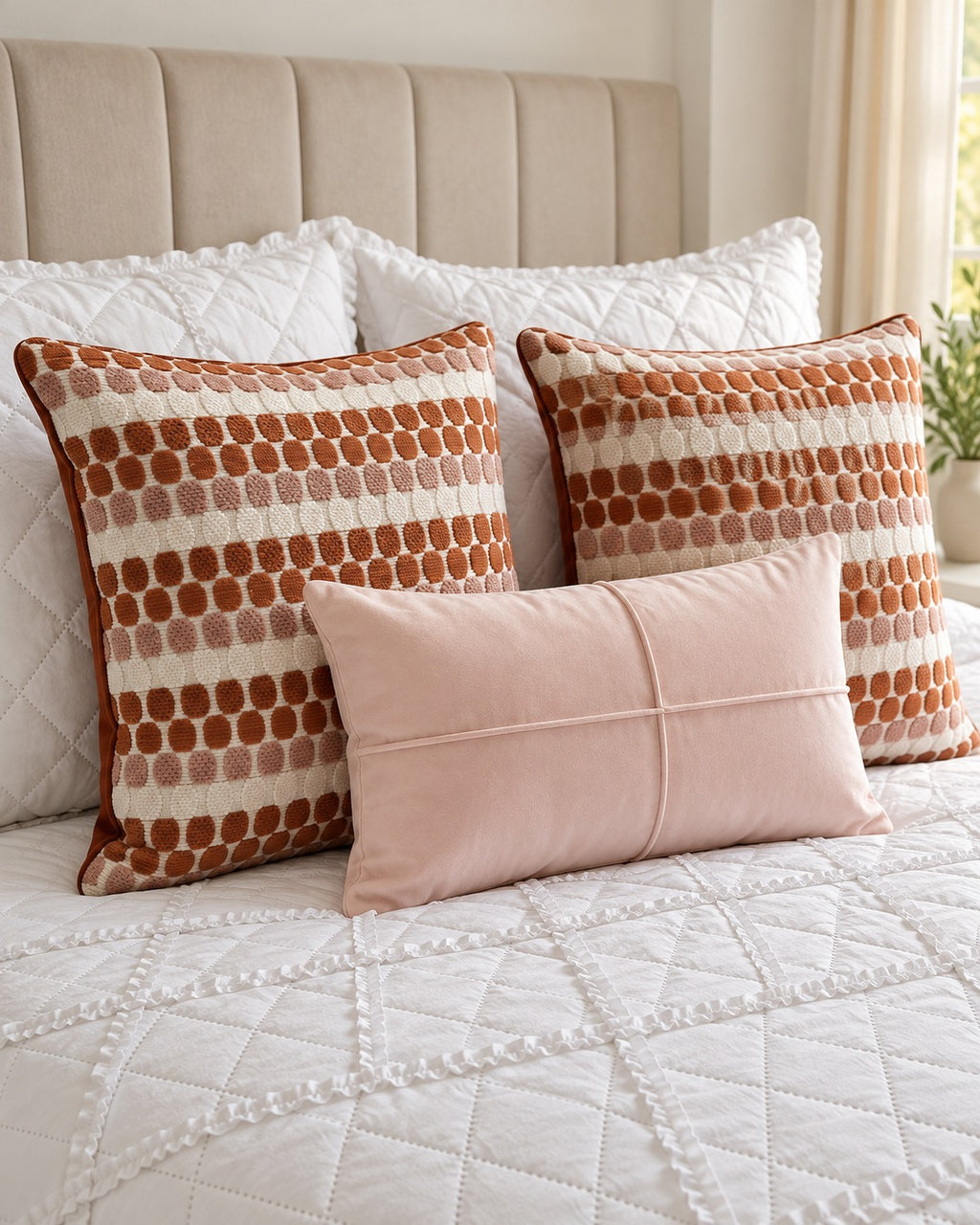 Set de 3 Cojines Terracota y Rosa · Diseño de Puntos