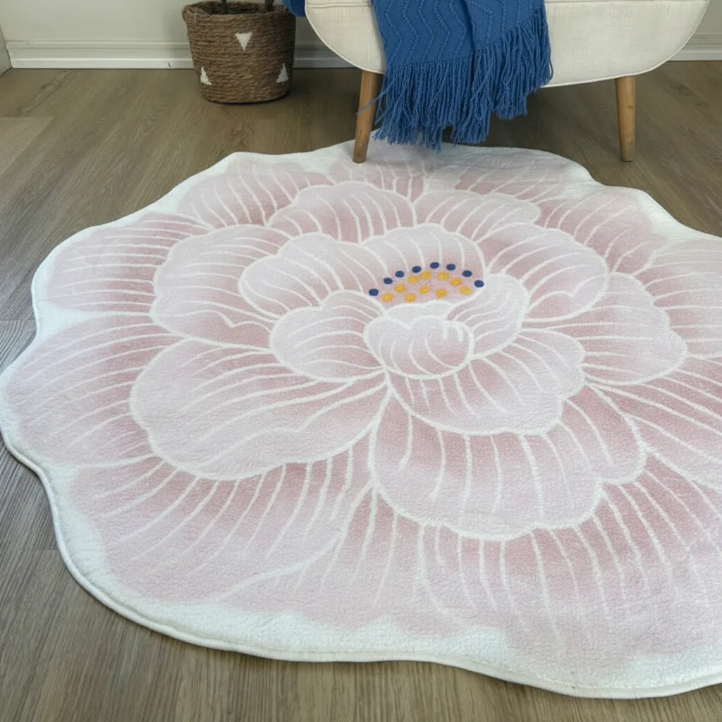 Alfombra Redonda De Felpa Con Antideslizante Diseño Flor rosa