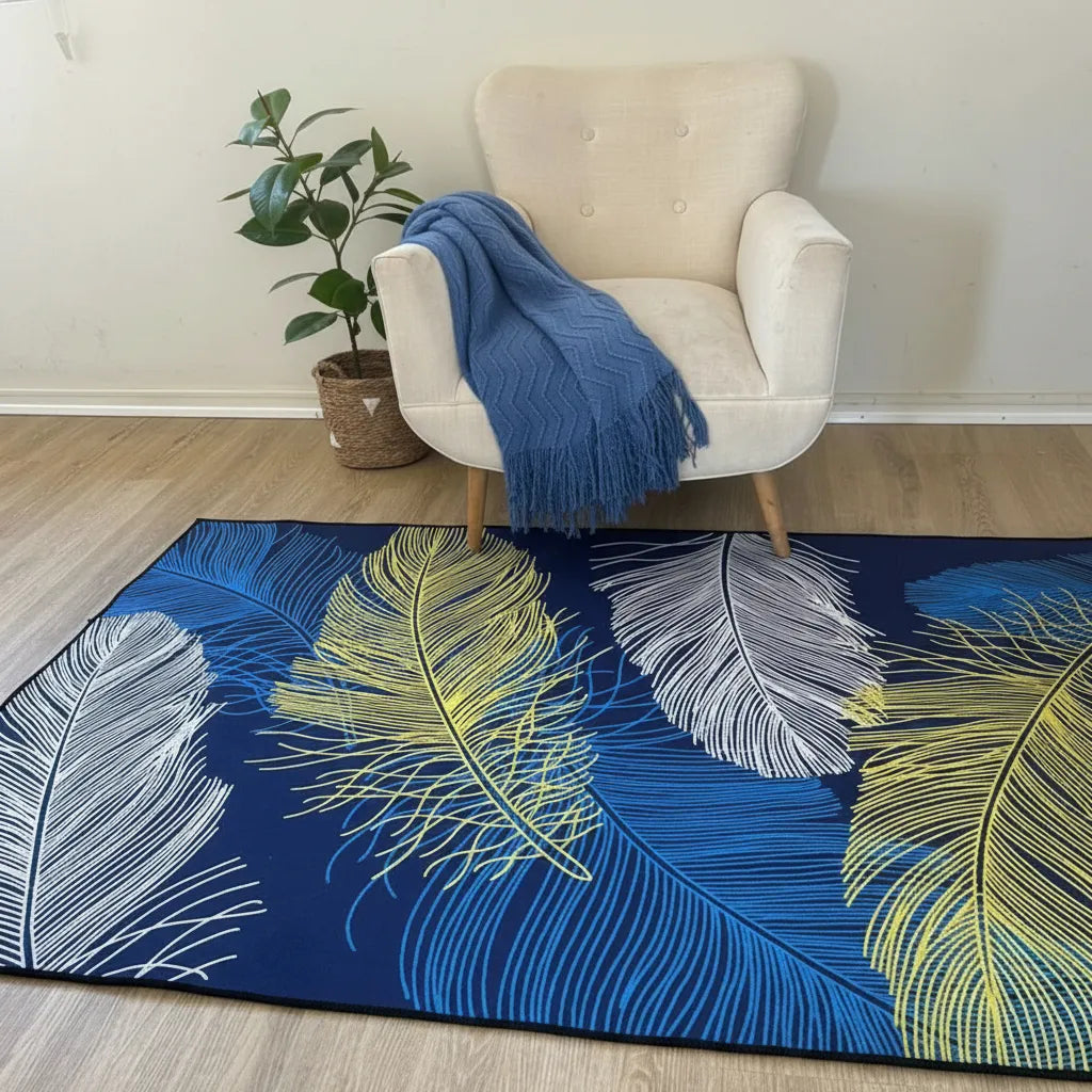 Alfombra Antideslizante Hojas Azul & Mostaza 120 X 180 Cm