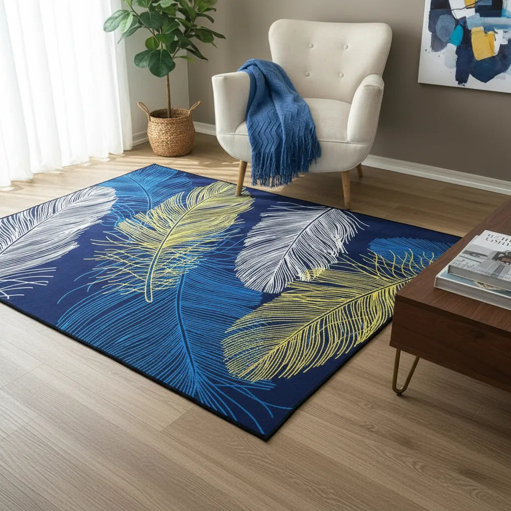 Alfombra Antideslizante Hojas Azul & Mostaza 120 X 180 Cm