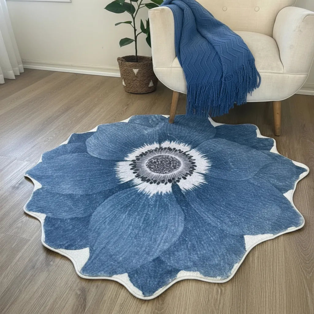 Alfombra Redonda De Felpa Con Antideslizante Diseño Flor azul acero