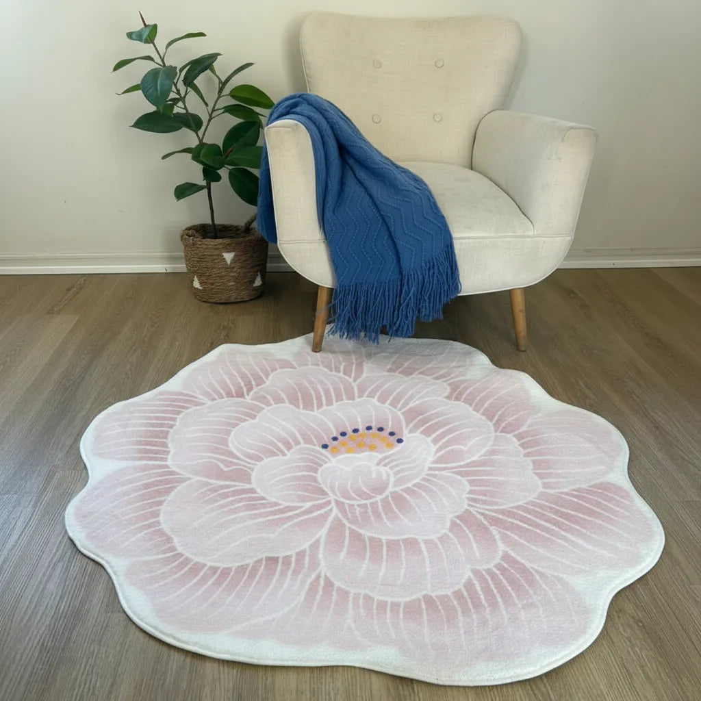 Alfombra Redonda De Felpa Con Antideslizante Diseño Flor rosa