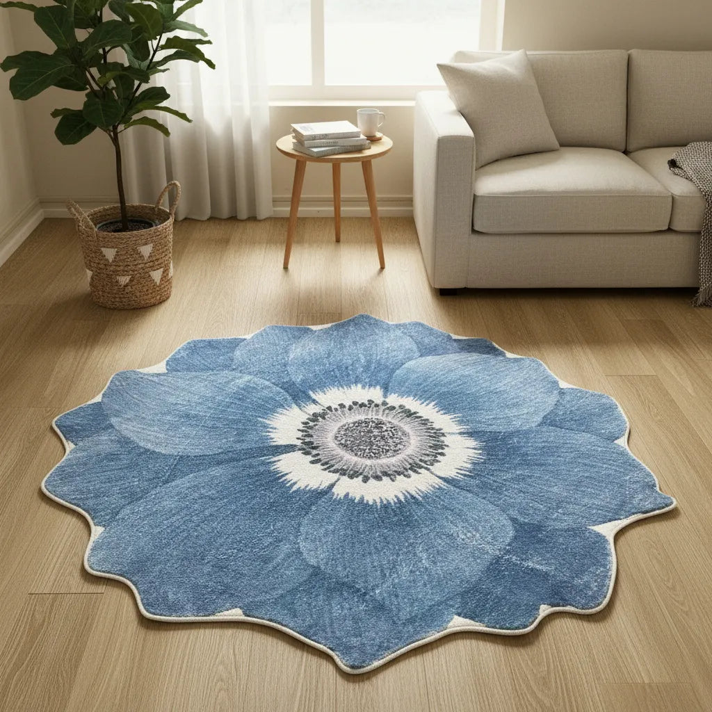 Alfombra Redonda De Felpa Con Antideslizante Diseño Flor azul