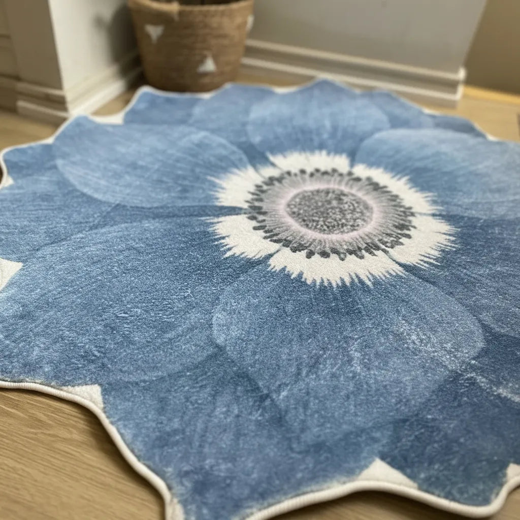 Alfombra Redonda De Felpa Con Antideslizante Diseño Flor azul