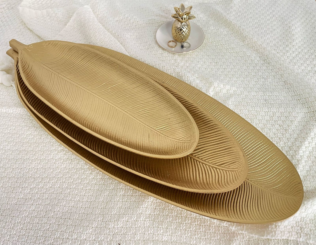 50% descuento, bandejas decorativa diseño hoja dorada
