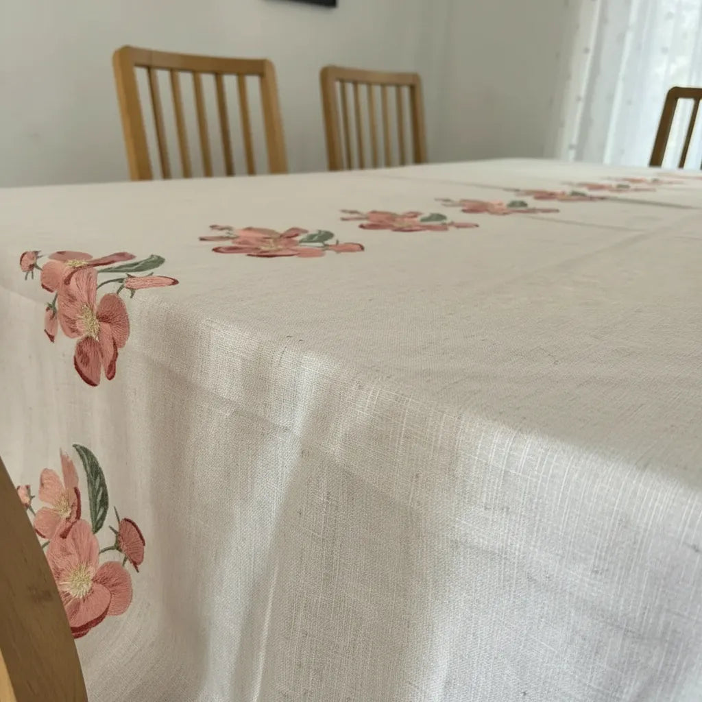 Mantel De Lino Decorativo · Mesa 6 Puestos · Floral Bordado