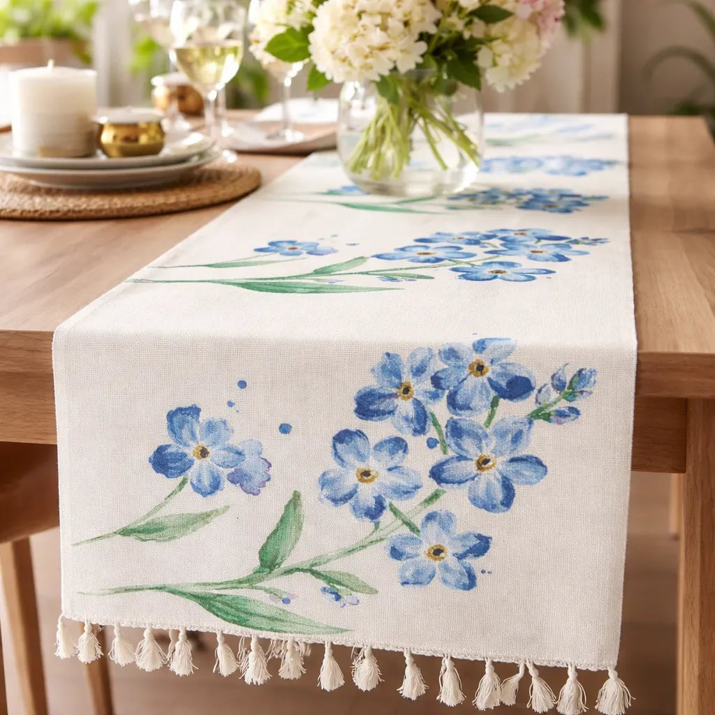 Camino De Mesa Estampado Con Flores Azules