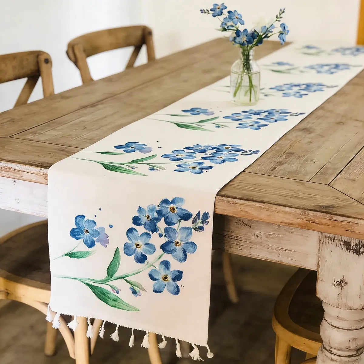 Camino De Mesa Estampado Con Flores Azules