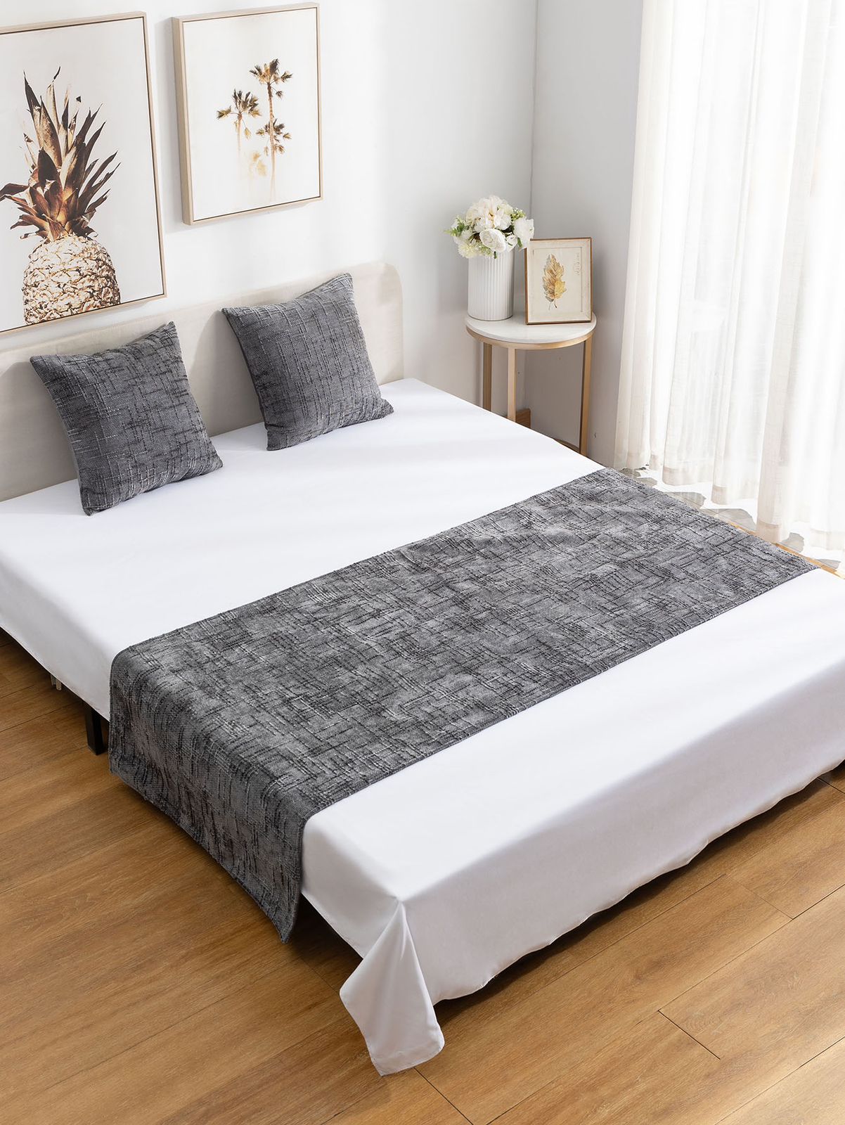 Set de piecera chenille gris + 2 fundas 45cmx45cm