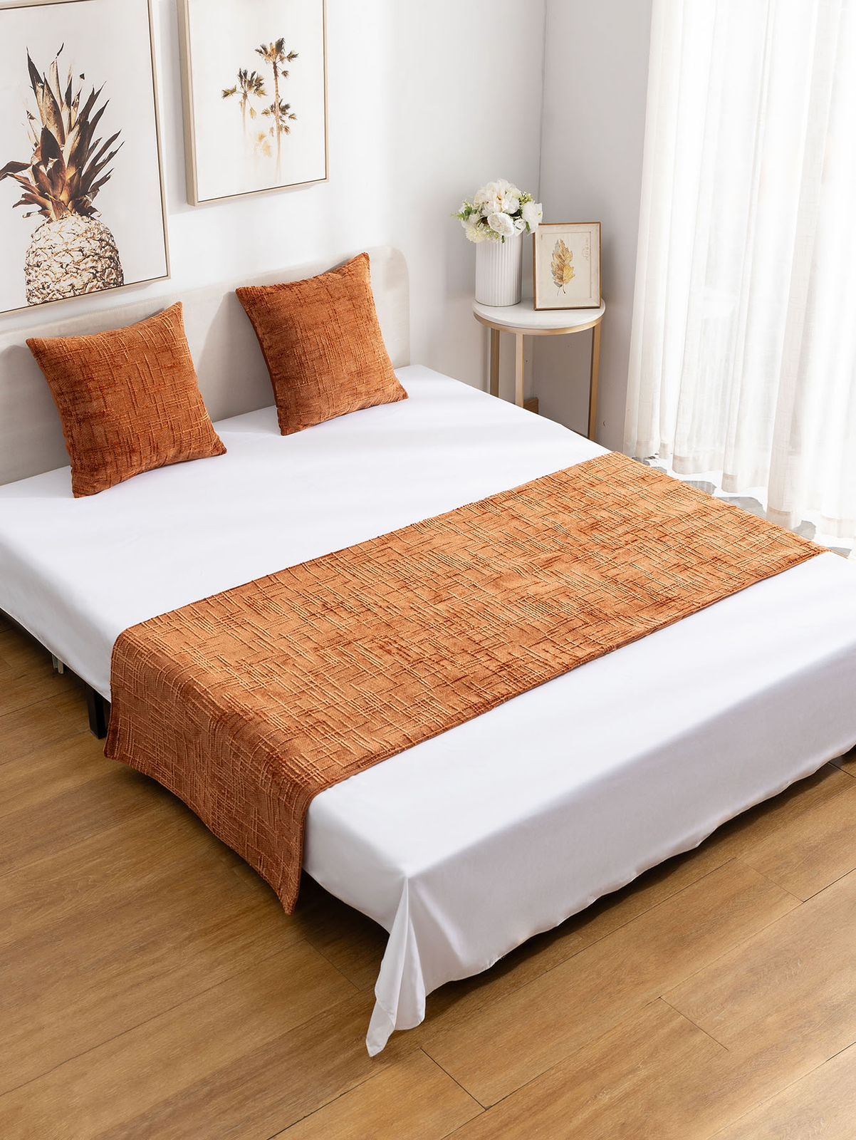 Set de piecera chenille ladrillo + 2 fundas 45cmx45cm