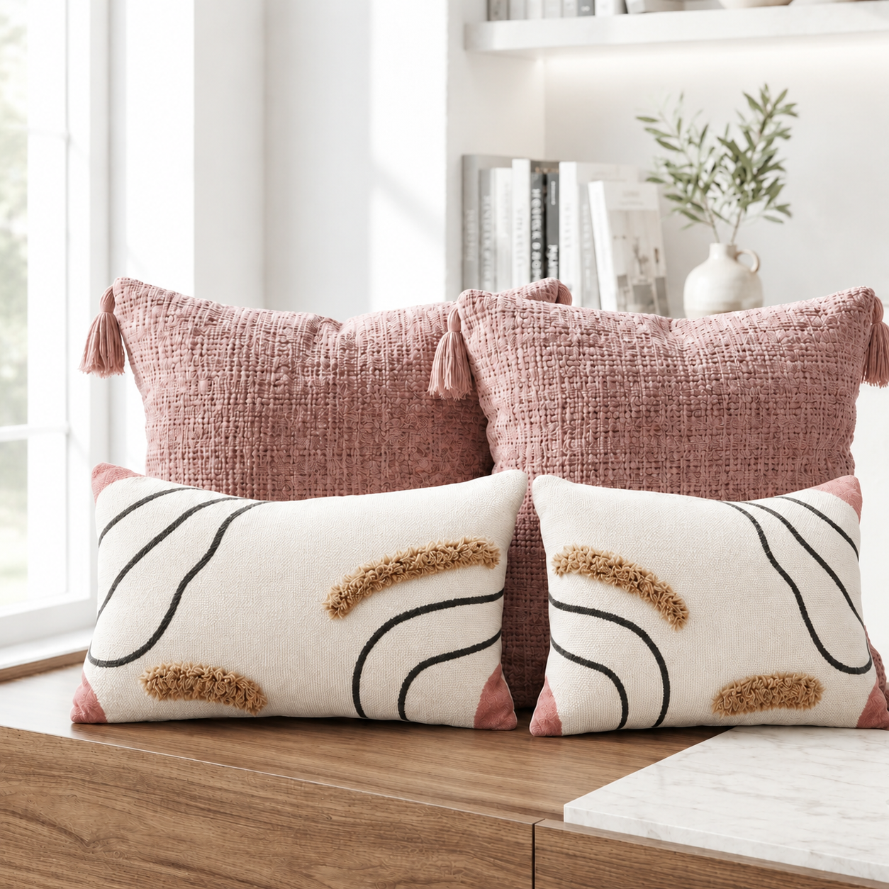 Set de 4 Cojines Dunas Rosé de Chenille y Tejido 45 × 45 y 30 × 50 cm