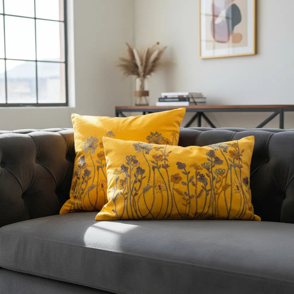 Fundas de cojines bordados punto  a punto - Jardín De Sol