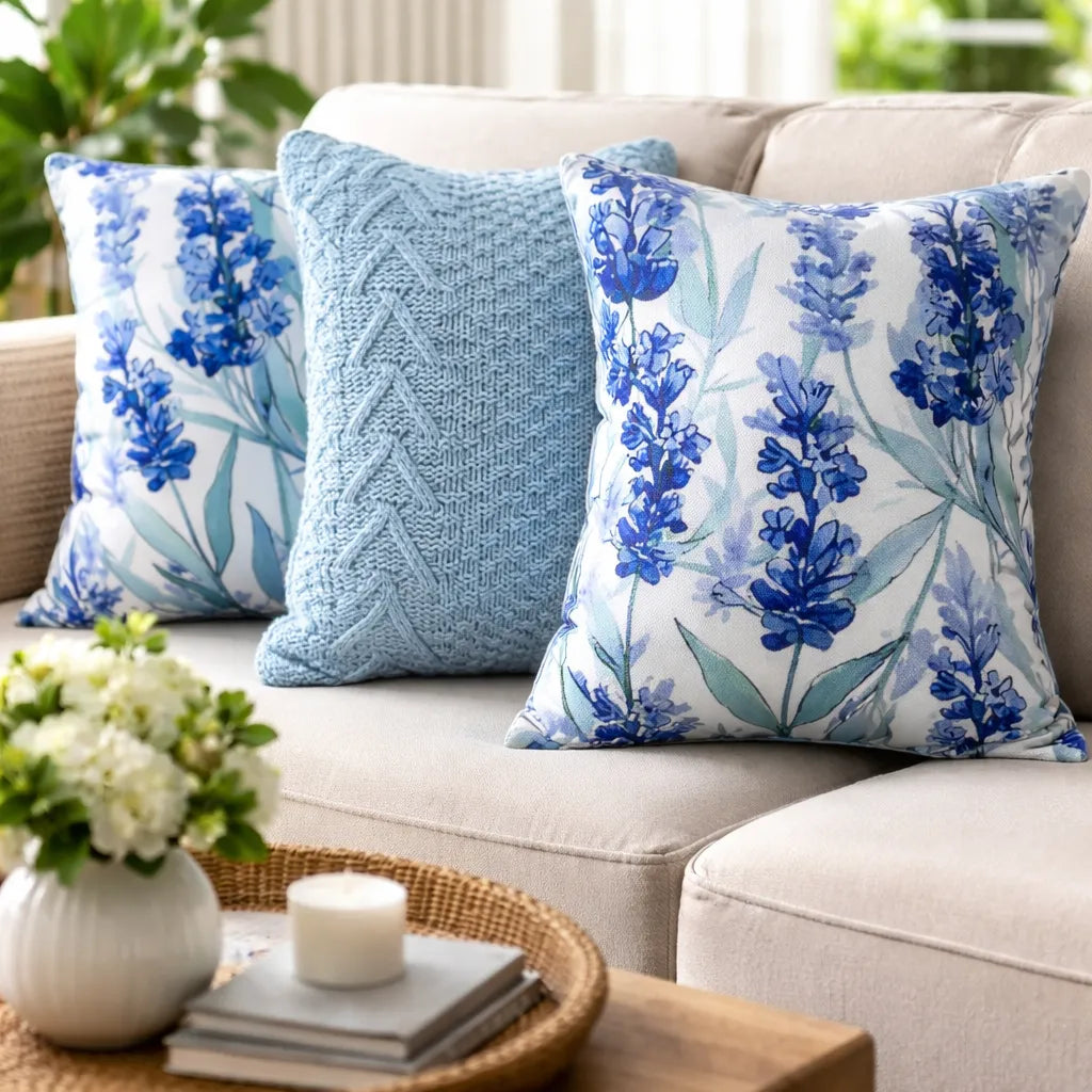 Set de 3 Cojines Decorativos Azul Floral y Tejido – 45x45 cm
