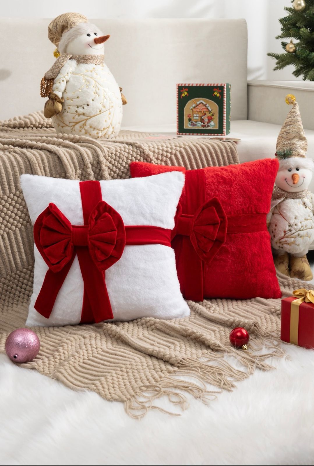 Fundas de cojines navideñas con diseño 3D de lazo elegante