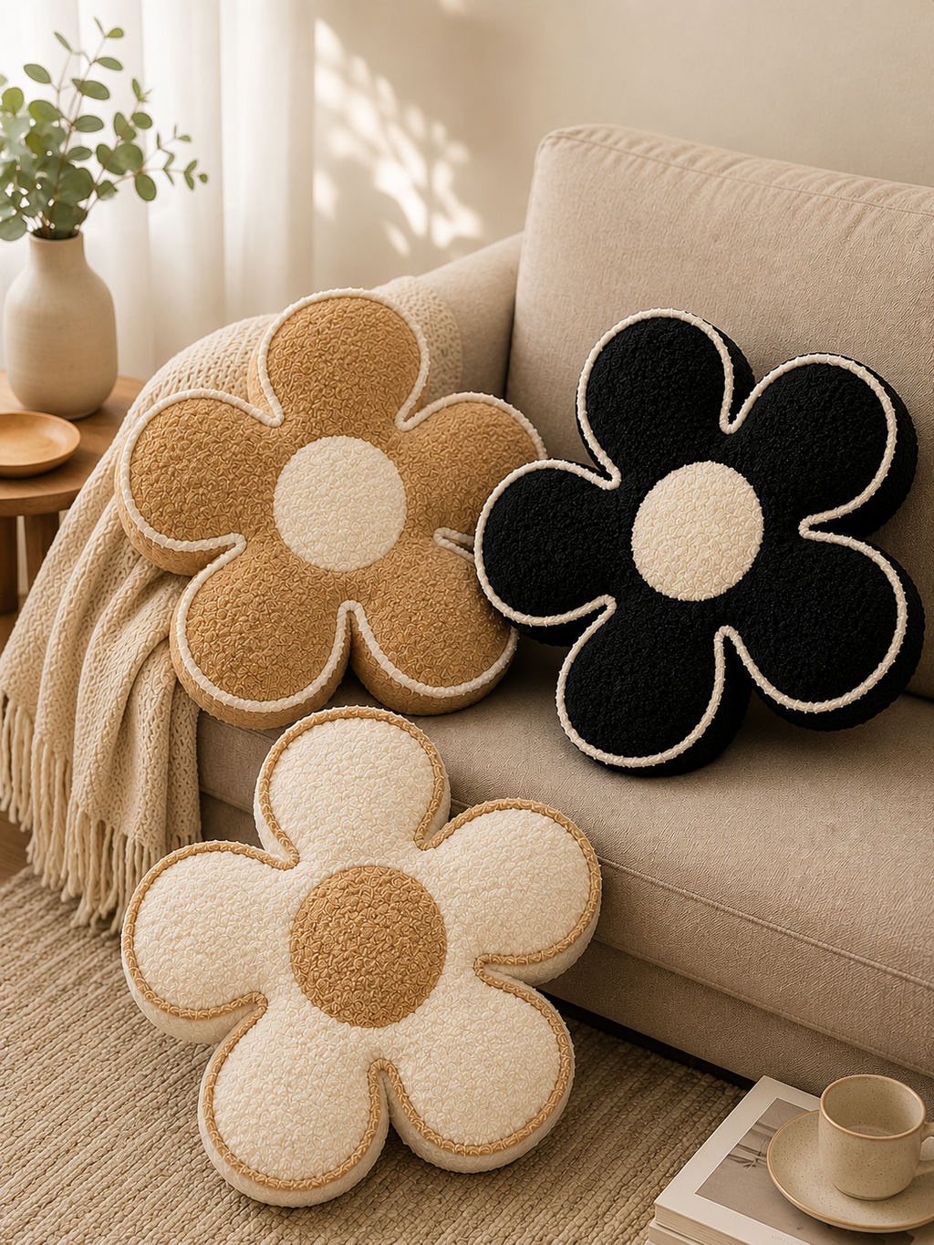 Cojín Decorativo Flor Bouclé 50 cm negro | Cojín Peludo Suave para Sofá, Cama y Decoración