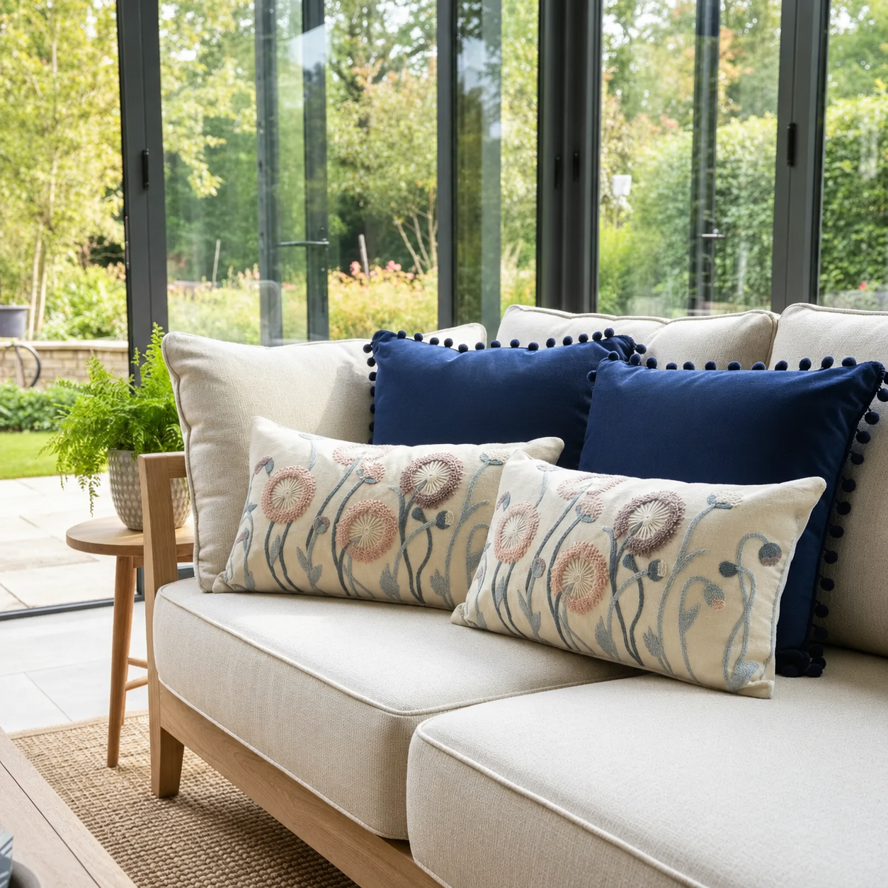 Set de 4 Cojines Decorativos Jardín Azul Bordados con Pompones