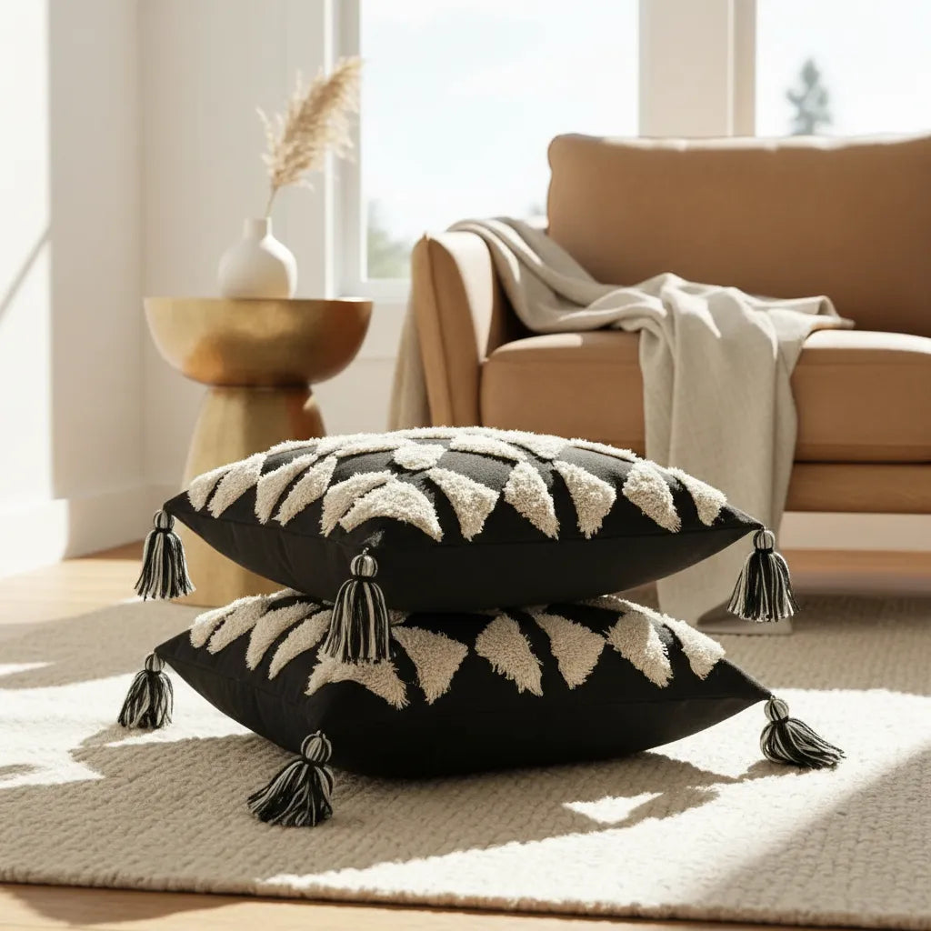 Fundas de cojines boho,  Diseño  Étnico Blanco & Negro