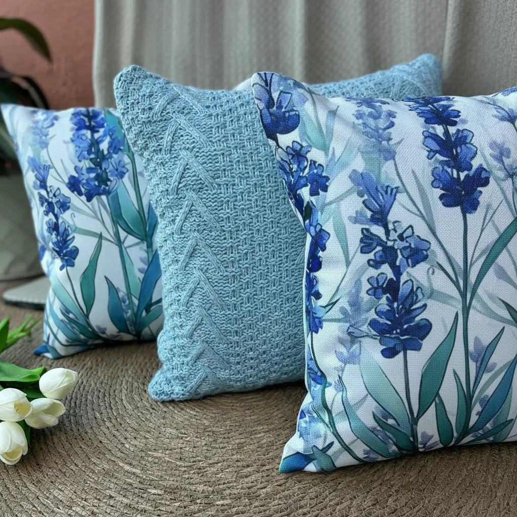 Set de 3 Cojines Decorativos Azul Floral y Tejido – 45x45 cm