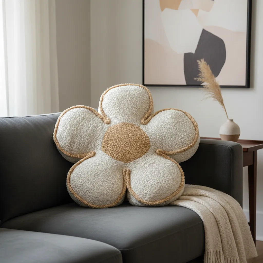 Cojín Decorativo Flor Bouclé 50 cm negro | Cojín Peludo Suave para Sofá, Cama y Decoración