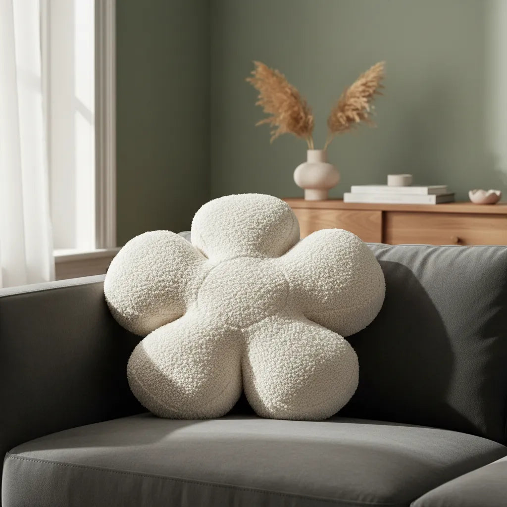 Cojín Decorativo Flor Bouclé 50 cm negro | Cojín Peludo Suave para Sofá, Cama y Decoración