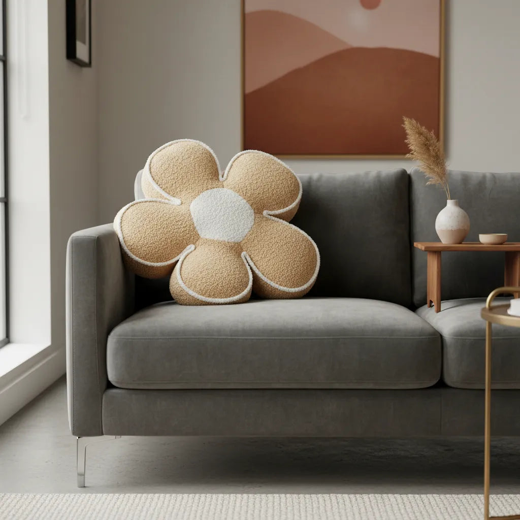 Cojín Decorativo Flor Bouclé 50 cm negro | Cojín Peludo Suave para Sofá, Cama y Decoración
