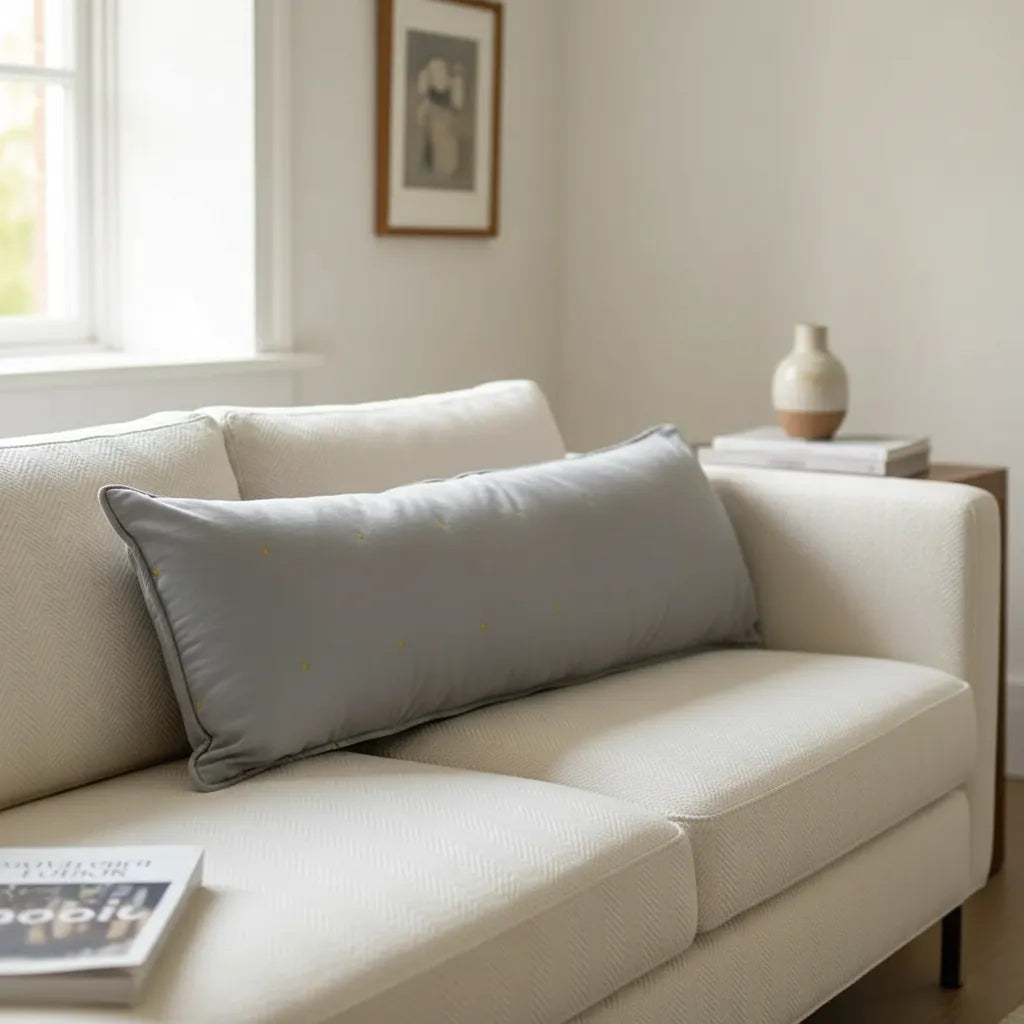 Cojín Bordado Rectangular 30×90 cm – Decorativo, Gris / Mostaza