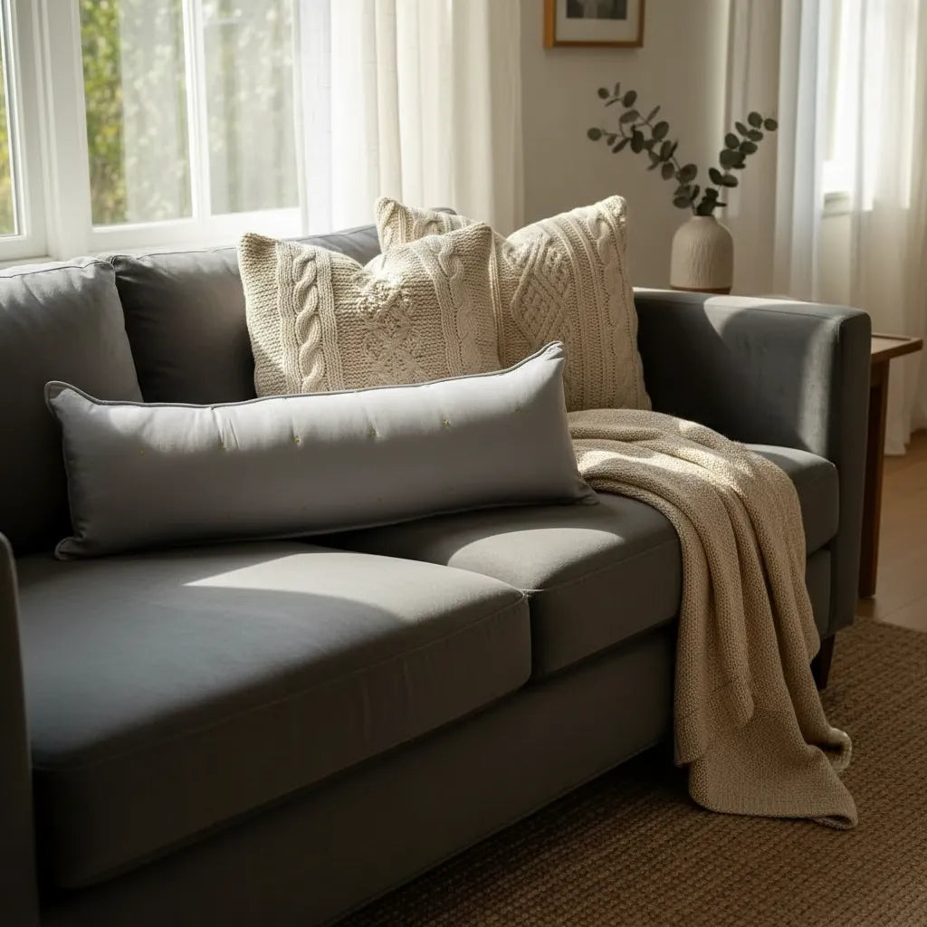 Cojín Bordado Rectangular 30×90 cm – Decorativo, Gris / Mostaza