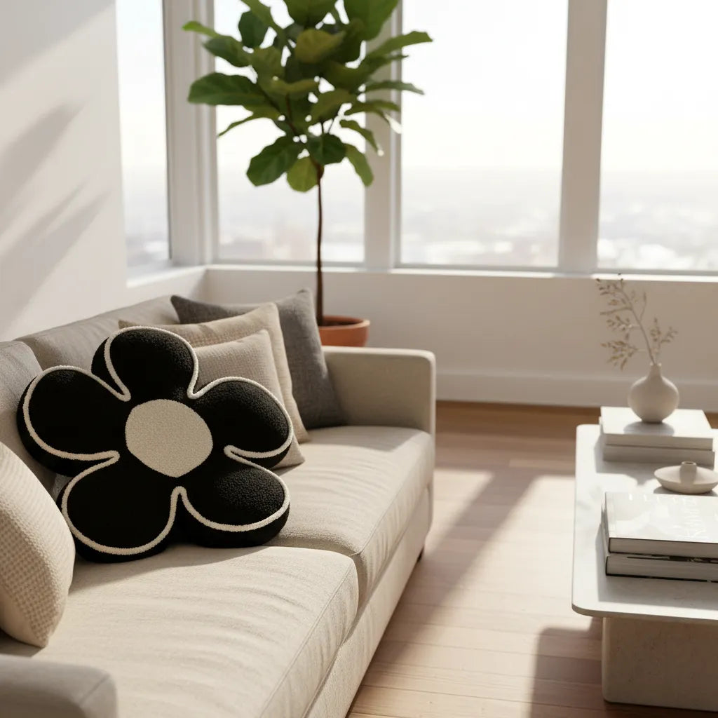 Cojín Decorativo Flor Bouclé 50 cm negro | Cojín Peludo Suave para Sofá, Cama y Decoración