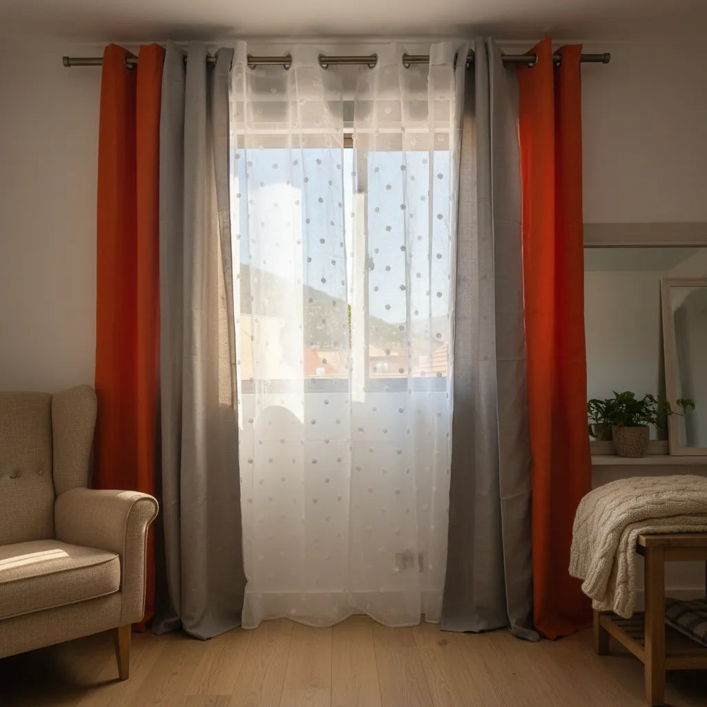 Set Cortina Lino + Visillo Nube Bordada, 4 paños