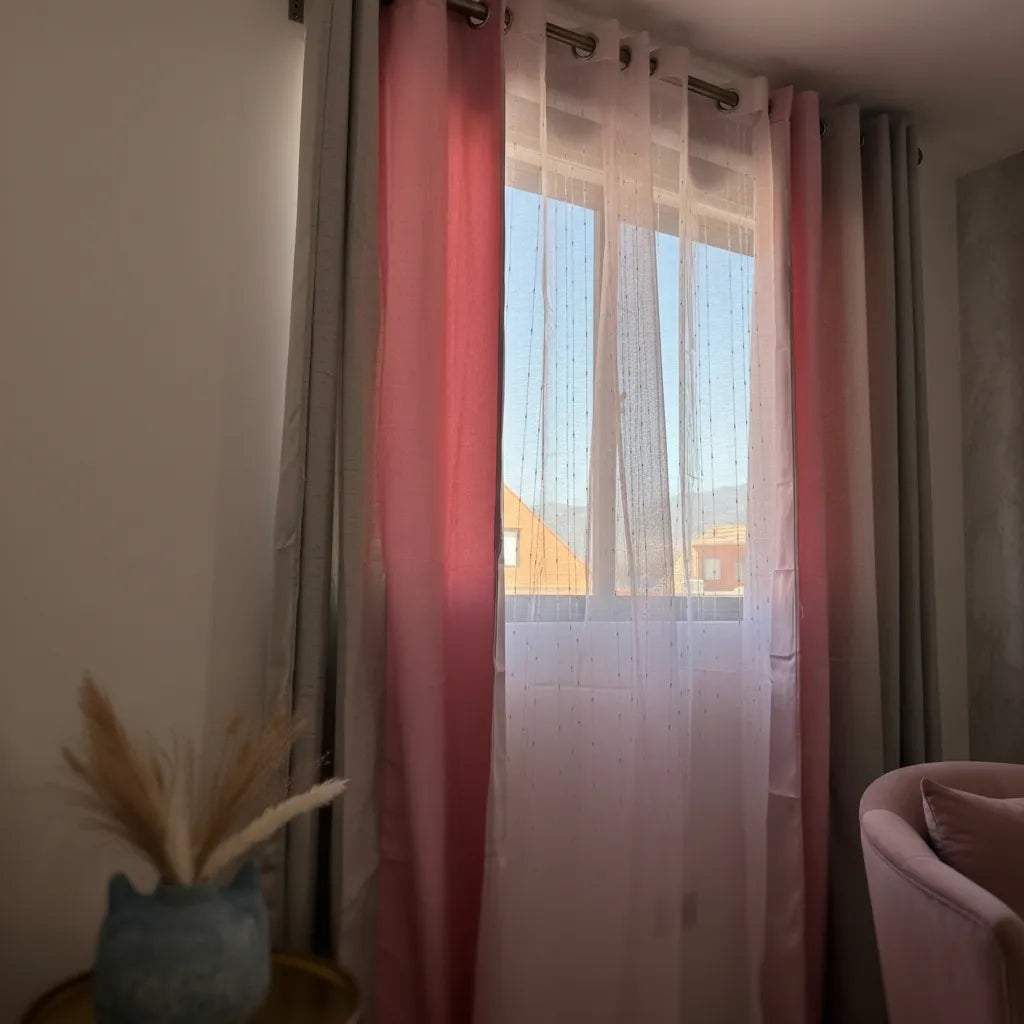 Set Cortina Lino + Visillo Aurora Rosa, 4 paños