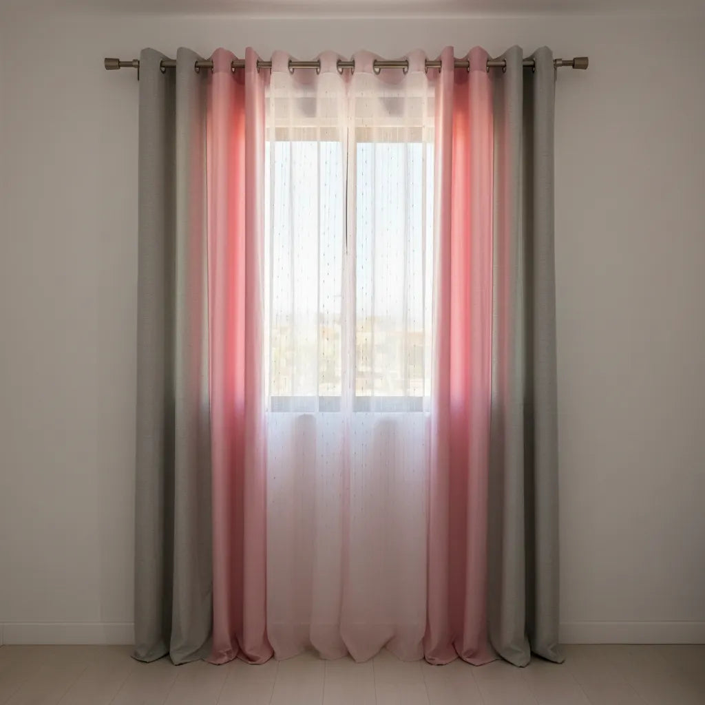 Set Cortina Lino + Visillo Aurora Rosa, 4 paños